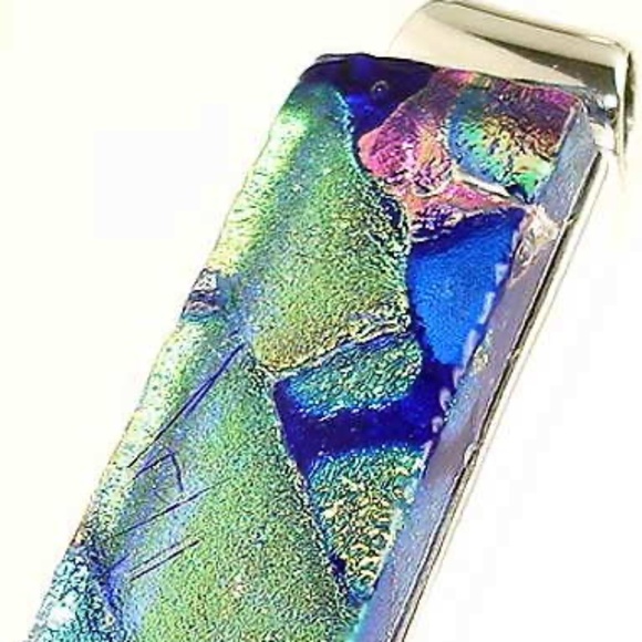 Multicolor Dichroic Glass Pendant On Sterling Silver Snake Chain Necklace - Picture 2 of 8
